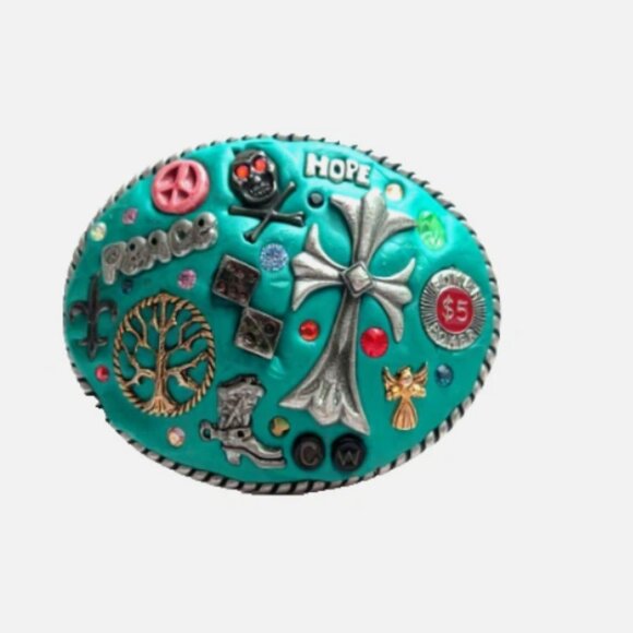 One-of-a-Kind Handcrafted Clay Belt Buckle Peace Skull Cross Vegas Hippie main image 8